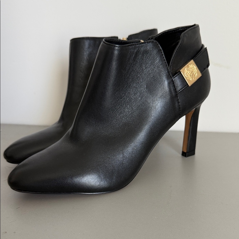 Vince Camuto Black Heeled Boots with Gold Accent